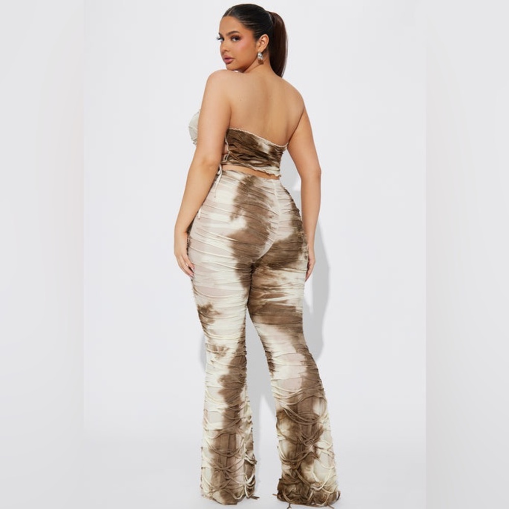 Fashion Nova Beige Brown Ruched Strapless Bootcut 2pc pants set. - Picture 4 of 4